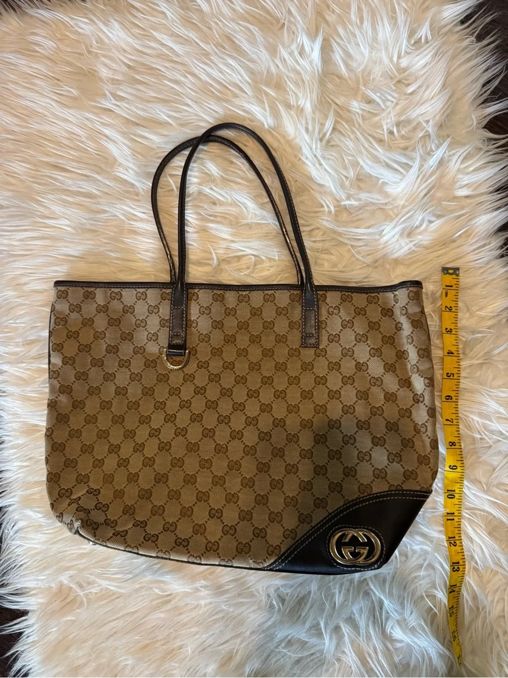 Gucci Beige GG Canvas Tote with Brown Leather Trim